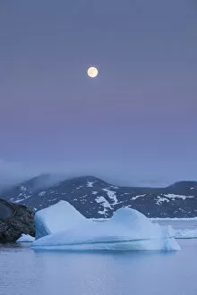 Greenland Collection: Greenland, Qaqortoq, floating ice and moonrise