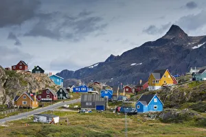 Greenland Prints: Greenland, Sisimiut. Nassaaq mountain towering above colorful Sisimiut