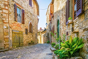 Greve in Chianti, Tuscany, Italy. Wide angle view of ancient buildings on cobbled street showing stonework walls