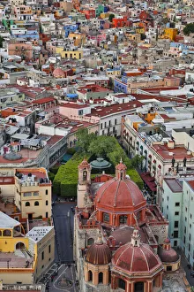 View From Above Prints: Guanajuato in Central Mexico. City overview in evening light with colorful buildings