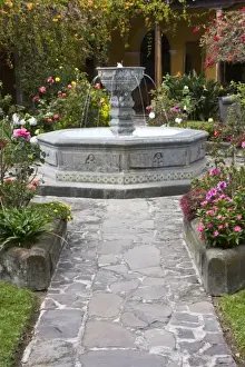 Court Yard Prints: Guatemala, Antigua. Fountain and gardens in center courtyard of Antigua hotel