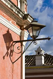 Corner Prints: Guatemala, Antigua. Lantern on a street corner building in the town of Antigua