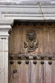Sacatepequez Department Prints: Guatemala, Antigua. Ornate detail on wooden door and trim on a colonial home in Antigua