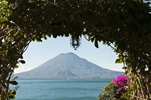 Guatemala, San Juan la Laguna. Toliman volcano and Lago de Atitlan (Lake Atitlan)