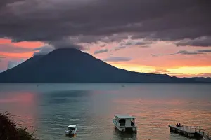 Lago De Atitlan Prints: Guatemala, San Juan la Laguna. Toliman volcano and Lago de Atitlan (Lake Atitlan)