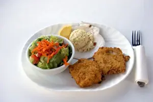 Dine Prints: Haddock fish dinner served in restaurant at Halls Harbor, Nova Scotia, Canada