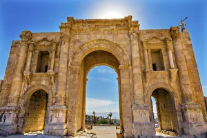 Images Dated 24th November 2016: Hadrians Arch Gate Sun Ancient Roman City Jerash Jordan