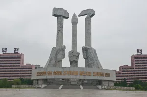 Party Prints: The hammer, sickle and writing brush form the Workers Party Monument, Pyongyang, North