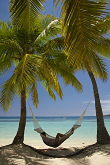 Images Dated 22nd October 2011: Hammock and palm trees, Plantation Island Resort, Malolo Lailai Island, Mamanuca Islands