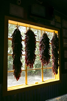 Décor Prints: Hanging dried red chilies backlit in a window, Taos, New Mexico, USA