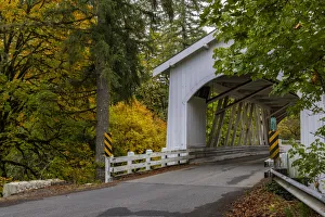 Covered Bridge Prints: Hannah Covered Bridge spans Thomas Creek in Linn County, Oregon, USA