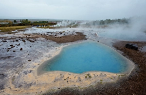 Volcanic Prints: Haukadalur Valley, Iceland. Blue pools of geothermal water at the Strokkur geyser in the Haukadalur valley