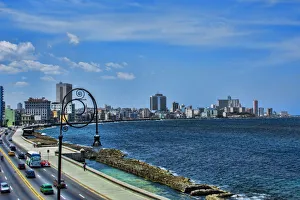 Downtown Prints: Havana Cuba beautiful road and walking Malecon along water in city from above building