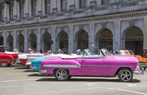 Havana Prints: Havana Cuba Habana central colorful old classic 1950s cars on display near Capital