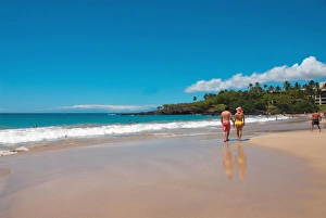 Couple Prints: Hawaii, Big Island, Kohala Coast. Hapuna Beach. Couple walking on the beach