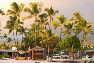Kayak Prints: Hawaii, Big Island, Kona-Kailua. Beach shack and kayaks outside the King Kamehameha Hotel