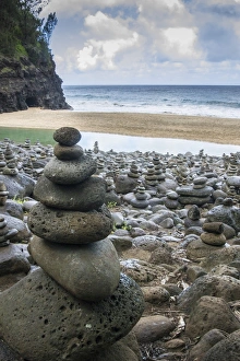 Hawaii Prints: Hawaii, Kalalau Trail, Kauai, Napali, Napali Coast State Park, rock cairns