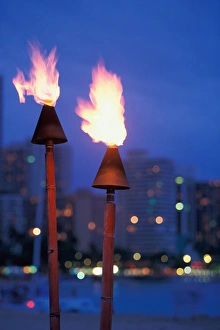 Tool Prints: Hawaii Lit torches with skyline in background