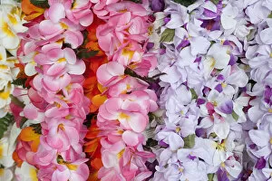 Hawaiian flower garlands display at market place