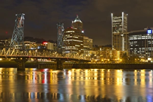 Northwest Prints: Hawthorne bridge, with city lights reflected in Willamette river, Portland, Oregon