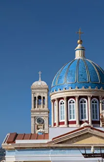 Hermoupolis, Syros Island, Greece. Blue dome of St. Nicholas Cathedral