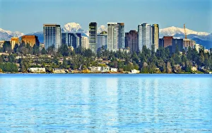 Bellevue Prints: High-rise buildings, Lake Washington and snowcapped Cascade Mountains, Bellevue