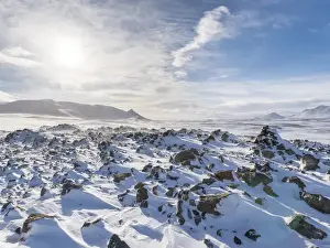 The Highland of Iceland close to the ring road during winter in stormy and sunny weather conditions