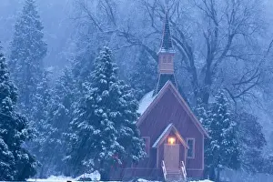 Snowing Prints: Historic Yosemite Valley Chapel during heavy snowfall in Yosemite National Park