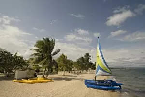 Hobiecat sailboat and kayaks on beach with palm trees by Caribbean Sea, Jaguar Reef Lodge