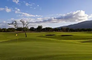 Golf Prints: Hole number 17 at sunset at the golf course called The Dunes at Maui Lakes, in Maui