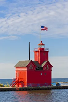 Prints of Holland Lighthouse (Big Red) on Lake Michigan, Holland, Michigan Images Dated 2020 May: Holland Lighthouse (Big Red) on Lake Michigan, Holland, Michigan