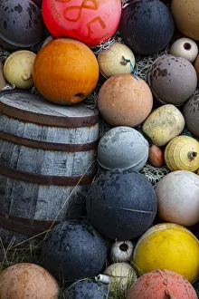 Prints of Homer, Alaska, USA, Multi-colored buoy and a wine barrel Images Dated 2020 March: Homer, Alaska, USA, Multi-colored buoy and a wine barrel