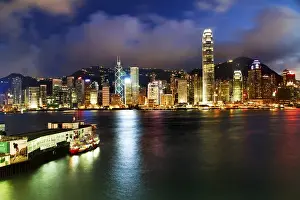 Finance Prints: Hong Kong Harbor at Night from Kowloon Star Ferry Reflection