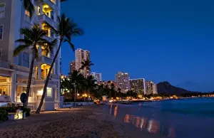 Images Dated 2027 July: Honolulu, Oahu, Hawaii. Night exposure of Waikiki Beach with Diamond Head in background