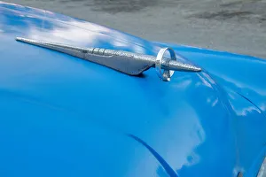 Prints of Detail of hood ornament on blue classic American Buick car in Habana, Havana, Cuba Caribbean Prints: Detail of hood ornament on blue classic American Buick car in Habana, Havana, Cuba