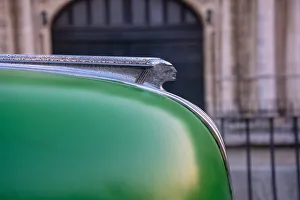 Prints of Detail of hood ornament on green classic American Pontiac car in Habana, Havana, Cuba Caribbean Prints: Detail of hood ornament on green classic American Pontiac car in Habana, Havana, Cuba