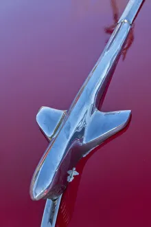 Prints of Detail of hood ornament on red classic American car in Habana, Havana, Cuba Caribbean Prints: Detail of hood ornament on red classic American car in Habana, Havana, Cuba