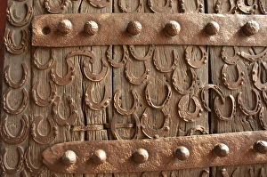 Images Dated 23rd November 2012: Horseshoes decorate a wooden door, Jama Masjid, Fatehpur Sikri, Uttar Pradesh, India