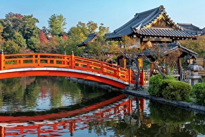 Kyoto Prints: Hosei Bridge and shrine in Shinsenen Garden, Kyoto, Japan