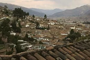 Houses with clay tile roofs, viewed from above, Cuzco, Peru