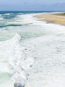Surfing Prints: Huge breakers of Nazare with beach Praia do Norte