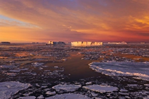 Images Dated 17th August 2011: Huge iceberg and ice floes in the ocean at sunrise, Antarctica