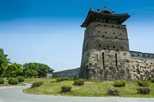 Huge stone walls around the Unesco world heritage sight the fortress of Suwon, South