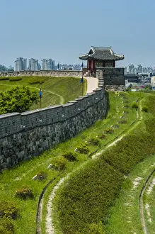 Huge stone walls around the Unesco world heritage sight the fortress of Suwon, South