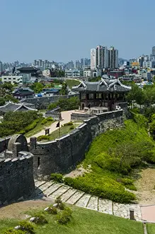 Huge stone walls around the Unesco world heritage sight the fortress of Suwon, South