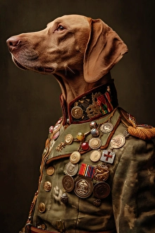 Ai Generated Prints: Hungarian Vizsla dog wearing coat with medals. (AI Generated)