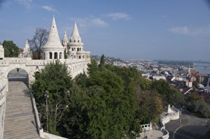 Hungary, Budapest. Buda, Castle Hill, castle towers of the Fishermens Bastion