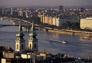 Water Way Prints: Hungary, Budapest. Danube River, Margit Bridge and St. Annes Church