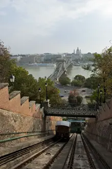 Hungarian Prints: Hungary, Budapest. Historic Budavari Funicular that takes passengers to Castle Hill