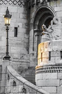 Stairway Prints: Hungary, Budapest. Light hitting lamppost, staircase, and dragon statue on Fisherman